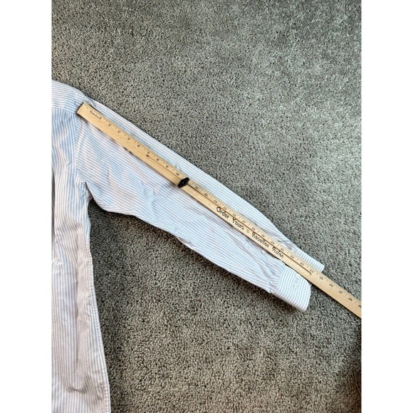 Mark & Spencer Button Up Shirt Mens Medium 15 1/2 Blue White Striped FLAW - Picture 12 of 14